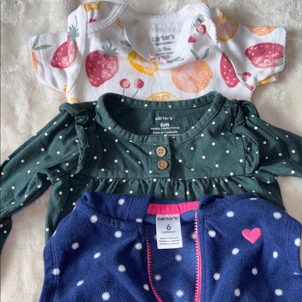 Baby Carter’s Hoodie Black Dot Dress Gold Heart Cheetah Fruit Print Onesies 6 M - Picture 5 of 9